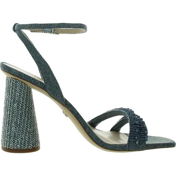Sam Edelman Womens Kia Denim Beaded Ankle Strap Heels Shoes NWT - Picture 2 of 3